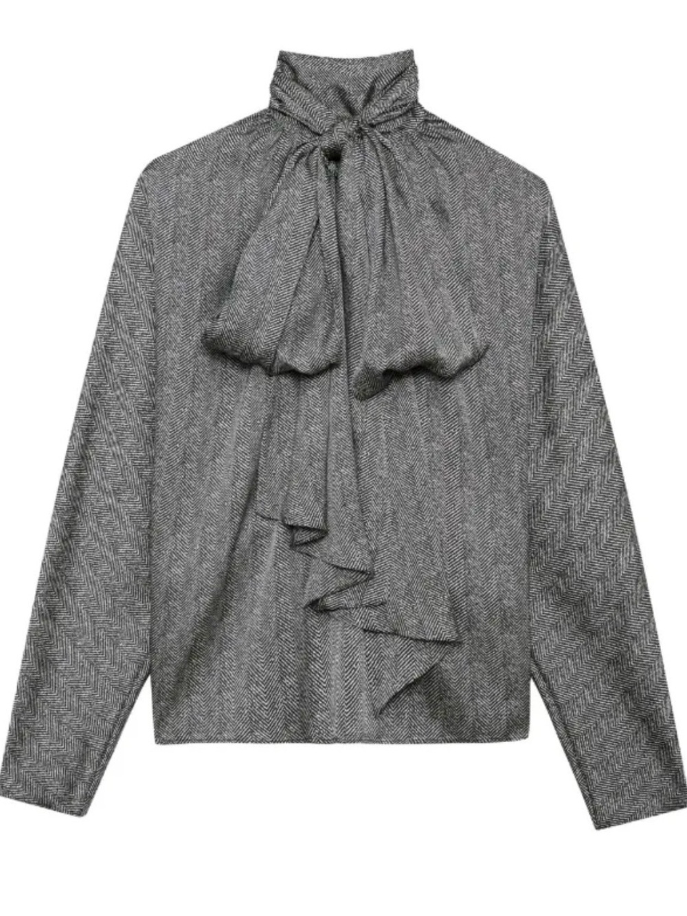 ANINE BING Gray Herringbone Tie-Neck Blouse Size S